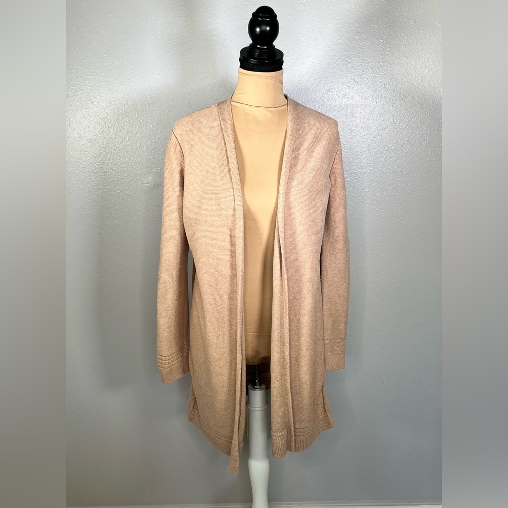 neutral longline open front knit cardigan L capsule wardrobe casual winter cozy - Picture 2 of 9